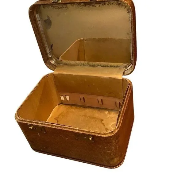 VTG MCM WOODEN, tweed, textured train case w mirror Hard Shell Train/Cosmetic/Ma - Picture 4 of 9